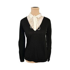 Claudie Pierlot Black & White Lace Collared Tie Front Blouse Sz 2